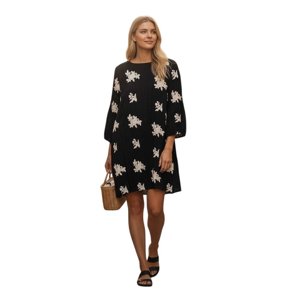 Black and Cream Floral Embroidered Cotton Dress Medium